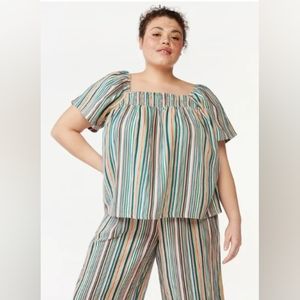 NWT Joyspun Puffed Sleeve Teal Lagoon Striped Top Sz Large